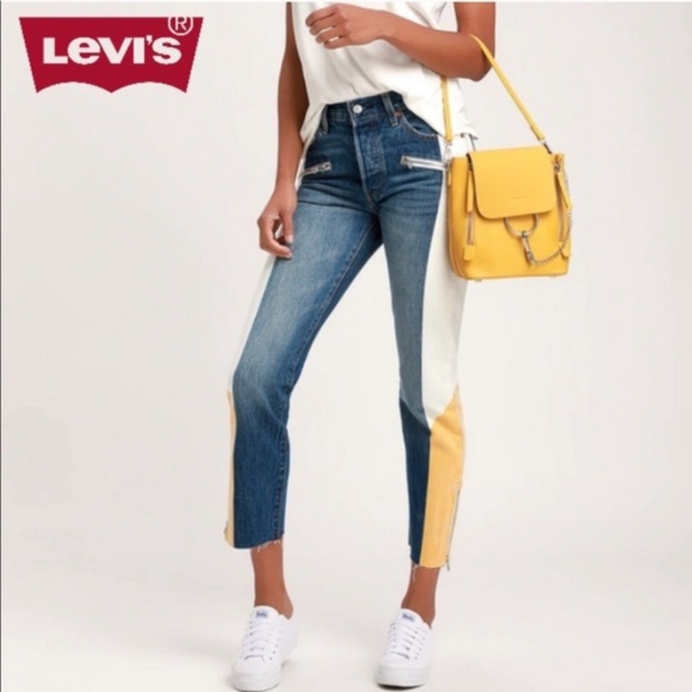 Levi’s 501 Moto Show teeth color block crop jean.